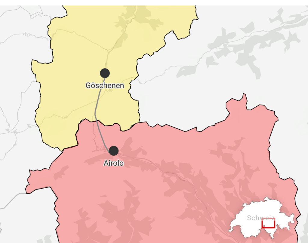 Auf dem Bild ist eine Karte abgebildet. Darauf sind die beiden Kantone Tessin und Uri. Sie verbindet das Gotthard-Strassentunnel.